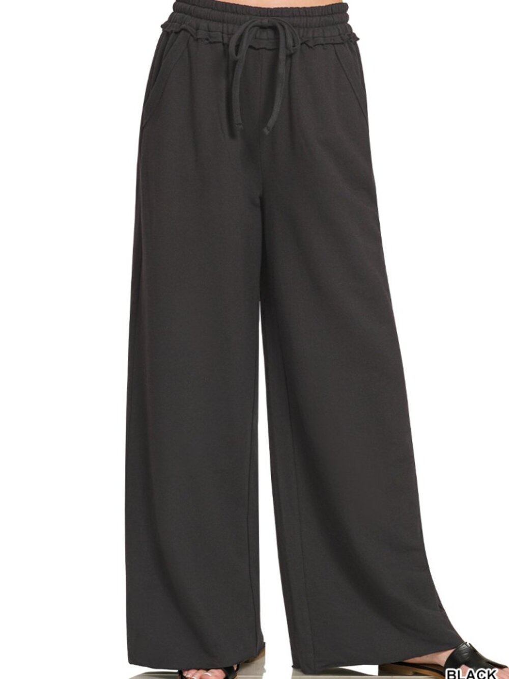 209  NWT Zenana Fleece Black Wide Leg Drawstring Sweatpants